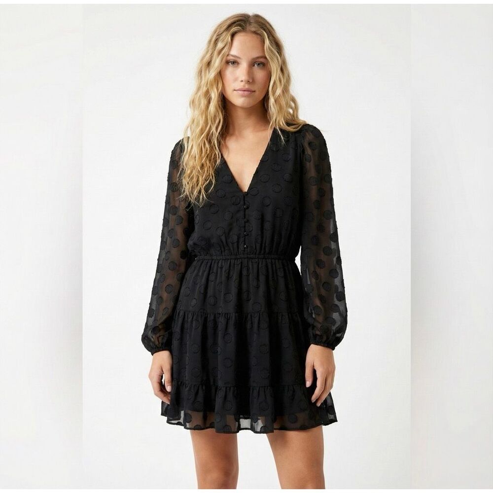 Le Superbe Black Sheer Long Sleeve V-Neck Tiered Ruffle Mini Dress 6 Polka Dot